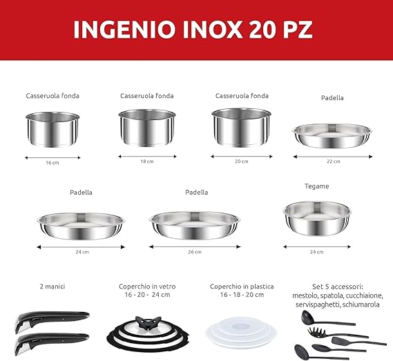 Lagostina Ingenio INOX - Juego de Utensilios de Cocina de Inducción 18/10, Acero Inoxidable, Gris, 20 Piezas