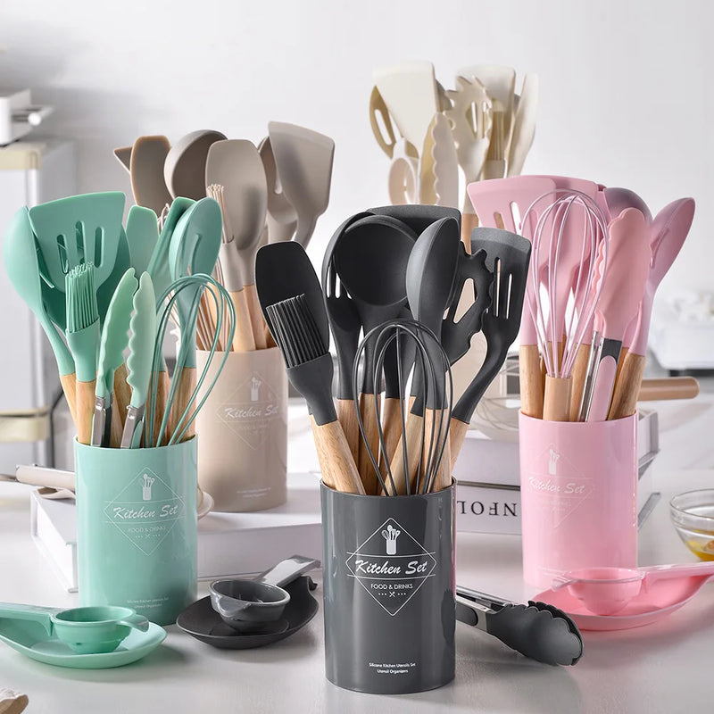 Conjunto De Panelas De Silicone Antiaderente, Utensílios De Cozinha, Espátula, Pá, Batedores De Ovo, Cabo De Madeira, Ferramenta De Cozinha, Utensílios De Cozinha, 12Pcs